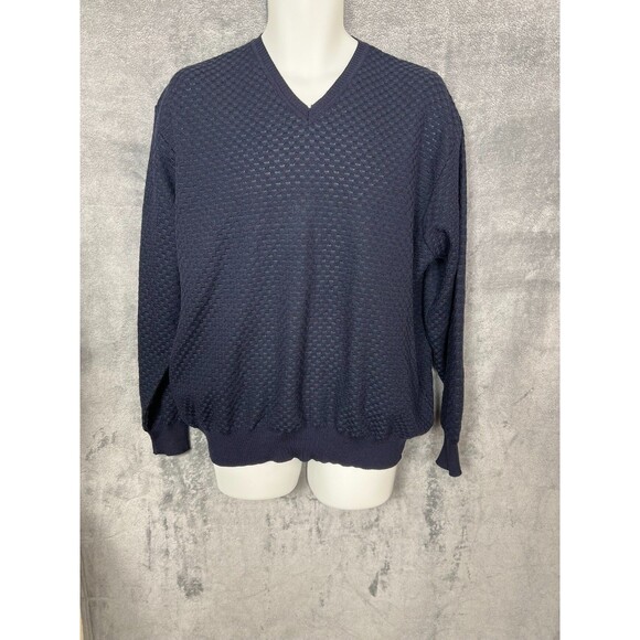 Segreto Sweater Size XL V Neck 100% Pure New Wool Fine Merino Textured Navy - Picture 7 of 16